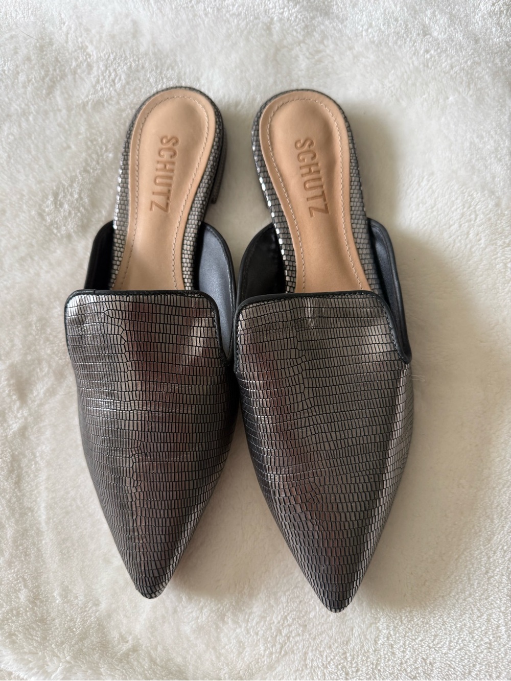 SCHUTZ Metallic Gray Pointed-Toe Slip-On Mules